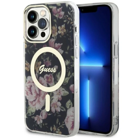 Puzdro na telefón Guess GUHMP14XHCFWSK do Apple iPhone 14 Pro Max 6,7" čierne/čierne pevné puzdro Flower MagSafe
