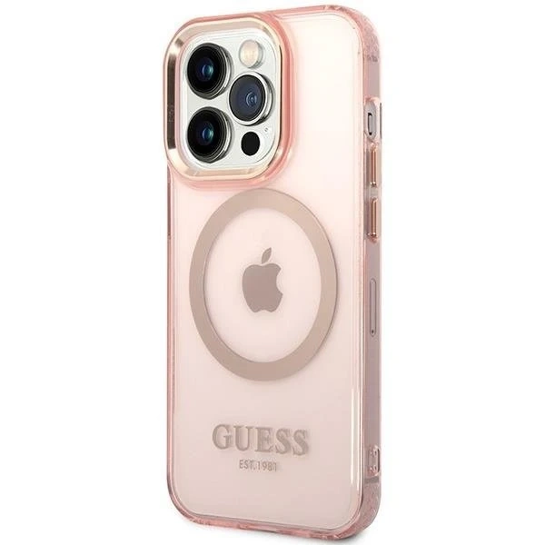 Guess phone case for iPhone 14 Pro Max 6.7" pink/pink hard case Gold Outline Translucent MagSafe