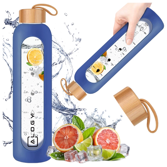 Velká skleněná láhev, láhev na pití Alogy Motivační odměrka 1l 1000ml, silikonové pouzdro Modré