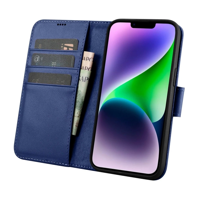 Kožené flipové pouzdro iCarer Wallet Case 2v1 iPhone 14 Plus Anti-RFID modré (WMI14220727-BU)