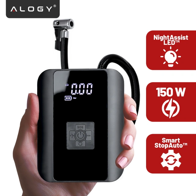 Elektrická pumpa na kolo pro kolo Bezdrátový automobilový vzduchový kompresor přenosný se svítilnou 150 PSI Alogy Black