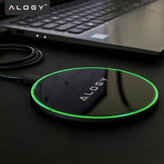 QI bezdrátová indukční nabíječka 15W rychlá LED Alogy kulatá pro iPhone USB-C kabel Černá