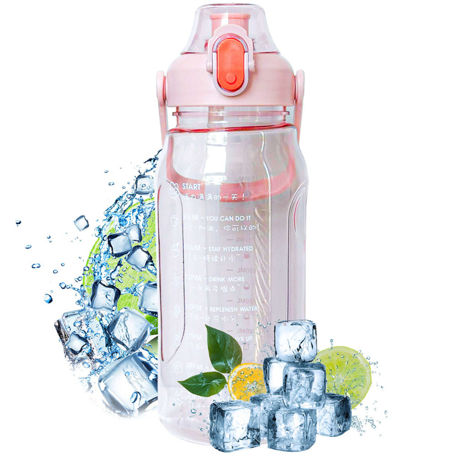 Motivační láhev na pitnou vodu s brčkem, 1,5l, upomínka, motivační odměrka, rukojeť, růžová