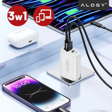 Alogy GaNCharge Compact 3in1 настінний зарядний пристрій швидкої зарядки GaN3 65W USB-A 30W 2x USB-C 65W Білий