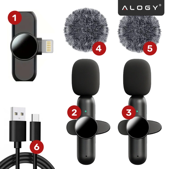 Bezdrôtový mikrofón 2x sada - Lightning pre iPhone, potlačenie hluku, ľahká konštrukcia, dosah až 20 metrov - 2x klopový mikrofón s kožušinovým krytom, slúchadlo na telefón - Alogy DualVoice™ čierny