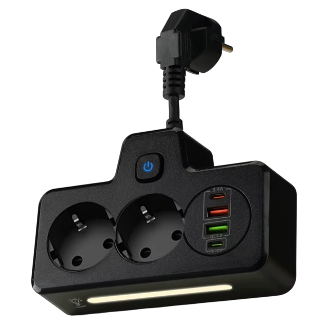 Alogy Plug Extender Socket Splitter Adapter Extension Cord 2x EU Plug 2x USB 2x USB-C Black