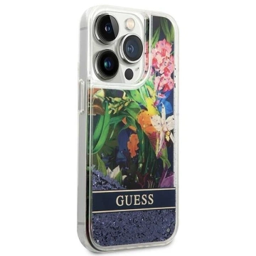 Etui Guess GUHCP14LLFLSB do Apple iPhone 14 Pro 6,1" niebieski/modré pevné pouzdro Flower Liquid Glitter