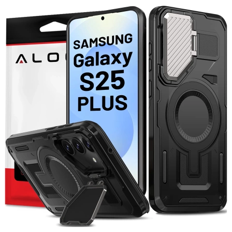 Etui do Samsung Galaxy S25 Plus Case do MagSafe Wzmocniona Pancerna ochrona obiektywów z funkcją podstawki obudowa ochronna na telefon Alogy HeavyDuty Mag™️Czarne