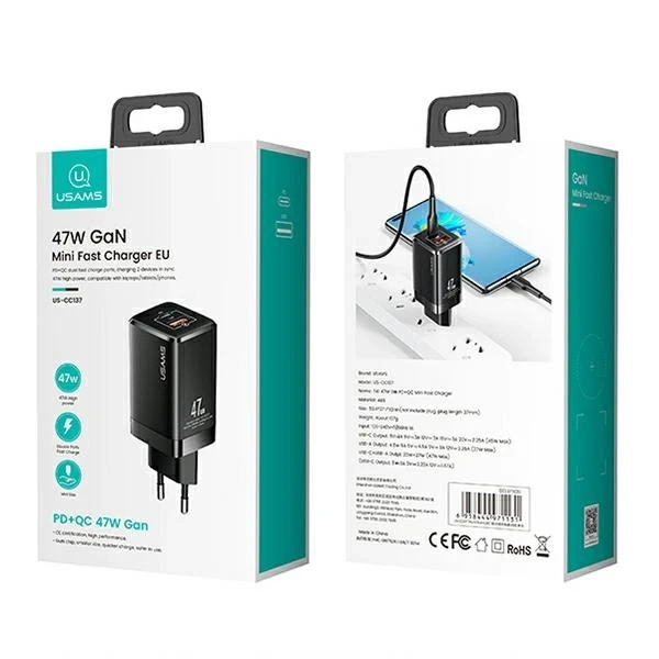 USAMS Ład. siec. T41 USB-C USB GaN 47 W PD QC (nur Kopf) Schnellladung czarny/schwarz CC137TC01 (US-CC137)