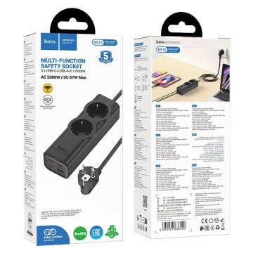 Подовжувач зарядного пристрою Hoco NS10 2 м 67 Вт 2x230 В USB-C 3x USB-A Чорний