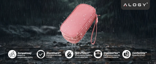 Etui Podróżne na Akcesoria, Organizer na Kable, Ładowarki, Telefon i Powerbank, Wielofunkcyjne i Kompaktowe 21 x 12,5 x 5 cm, Alogy TravelPack™ – Różowe