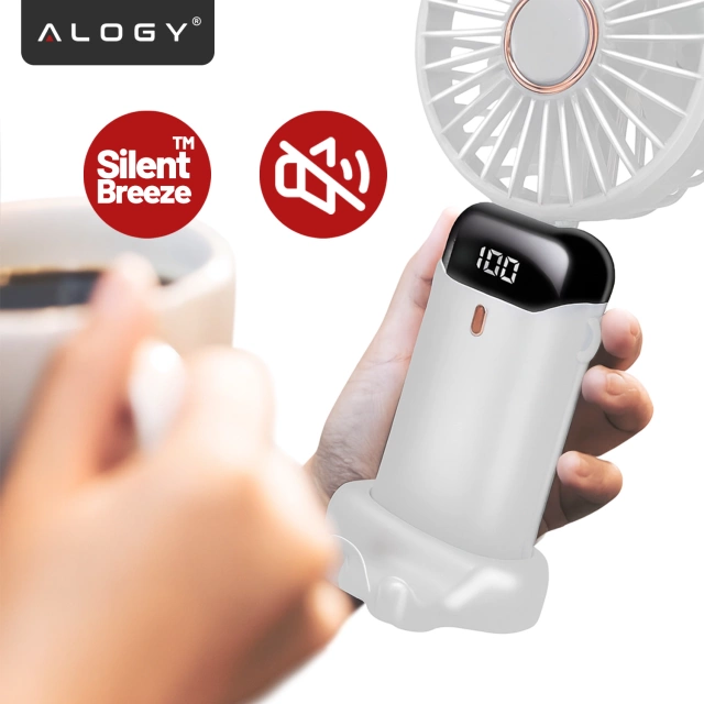 Bezdrátový přenosný stolní ventilátor Alogy CoolBreeze™ s držákem na telefon, nabíjením přes USB-C, baterií 18650 – bílý