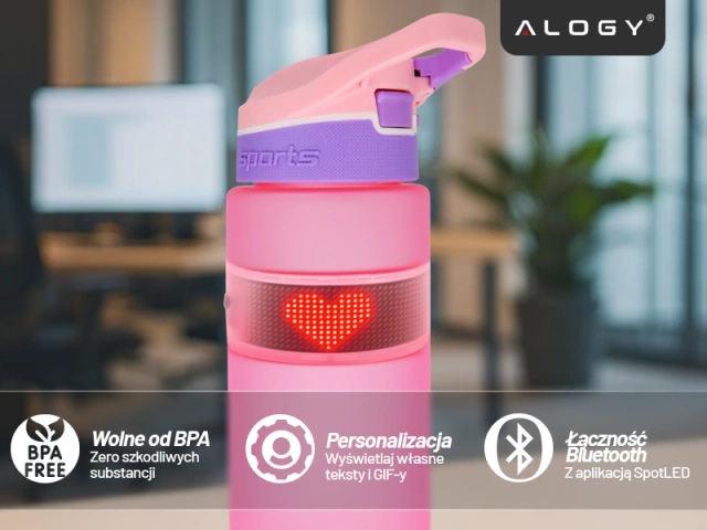Chytrá láhev na pití Alogy FitBottle™ 800ml s LED displejem a Bluetooth připojením, brčko, motivační, opakovaně použitelná - růžová