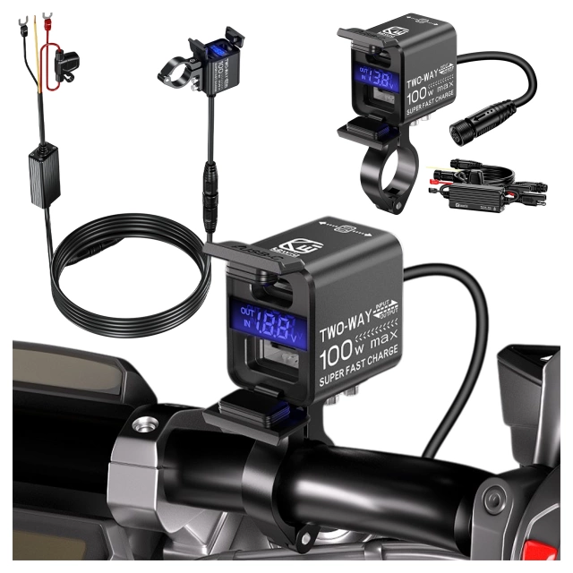 Kewig Motorradladegerät, universelles Aluminium-Ladegerät, 100 W, bidirektional mit Voltmeter, Schnellladefunktion über USB-A und USB-C, intelligent und wasserdicht – Schwarz