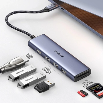 Концентратор 6 в 1 Ugreen CM511 USB-C HDMI 3xUSB-A SD TF 5 Гбіт/с 4K сірий