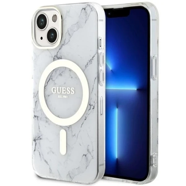 Guess GUHMP14MPCUMAH phone case for Apple iPhone 14 Plus 6.7" white/white hardcase Marble MagSafe