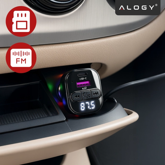 Bluetooth 5.3 FM vysílač s autonabíječkou PD 30W QC3.0, pružinovým kabelem USB-C, podporou USB flash disků, 7barevným LED podsvícením – Alogy CarTune™ černý