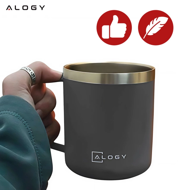 Thermobecher 420 ml mit Henkel und Deckel für Kaffee, Tee, Stahl, Kalt- und Heißgetränke Alogy Grey