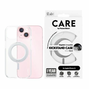 Puzdro na iPhone 15 CARE od PanzerGlass, stojan MagSafe, strieborný