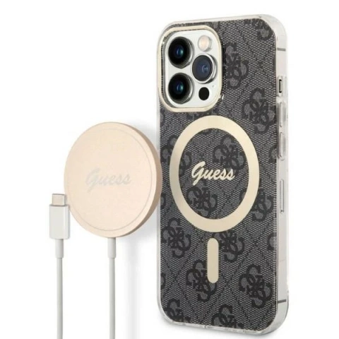 Zestaw Guess GUBPP13LH4EACSK Case Charger iPhone 13 Pro czarny/black hard case 4G MagSafe Print