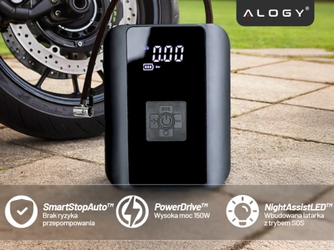 Elektrická cyklistická pumpa pre bicykel Akumulátorový vzduchový kompresor do auta prenosný s baterkou 150 PSI Alogy Black