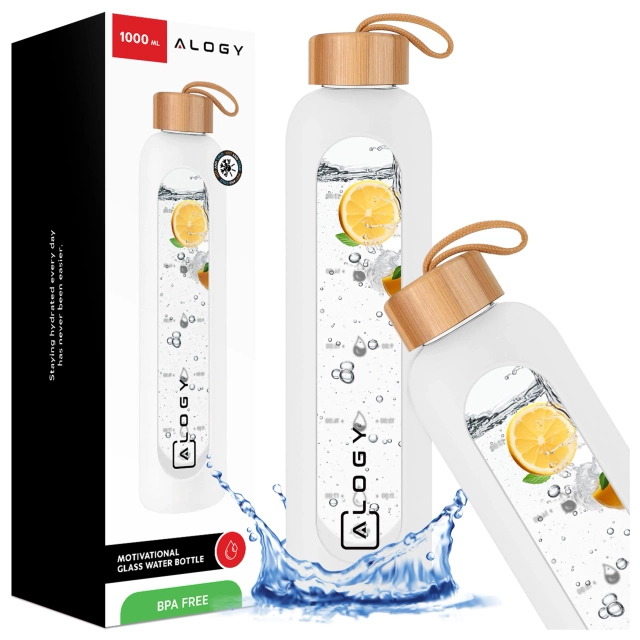 Große Glasflasche, Trinkflasche Alogy Motivational Messbecher 1l 1000ml, Silikonhülle Weiß