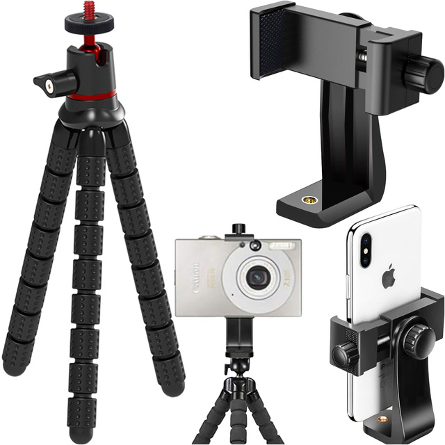 Flexibilný mini statív na fotografie, flexibilný statív pre fotoaparát, telefón, 1/4" Statív Octopus, čierny držiak na telefón