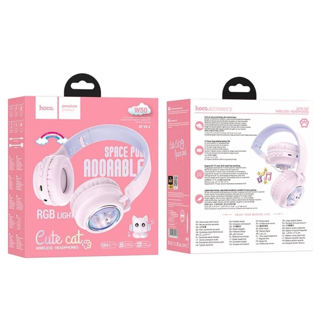 HOCO W50 Bluetooth wireless headphones pink with RGB backlight and cats