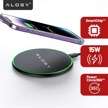 QI bezdrôtová indukčná nabíjačka 15W rýchla LED Alogy okrúhla pre iPhone USB-C kábel Čierny
