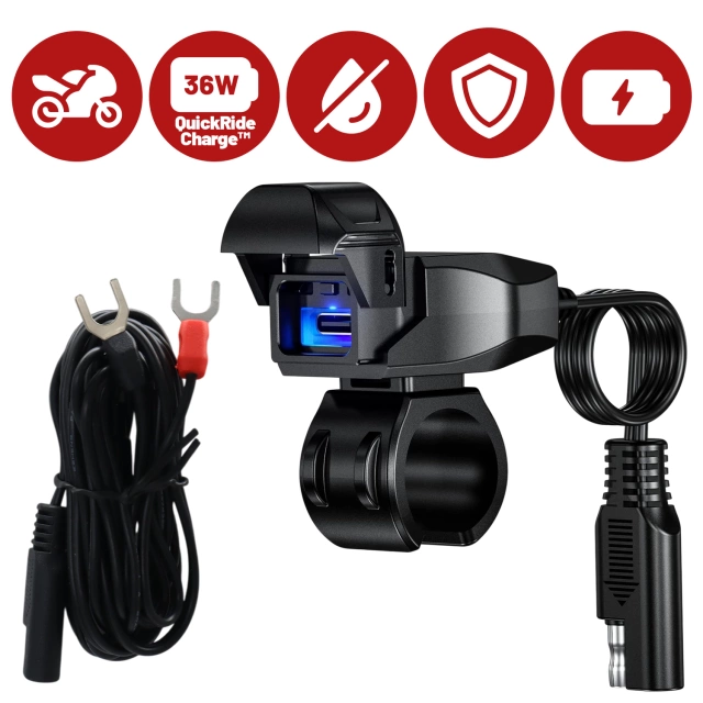 Nabíjačka na motocykel Kewig USB-C 36W, rýchle nabíjanie QC, vodotesná IP65 s vypínačom a LED podsvietením, upevnenie na riadidlá, pre telefón, kameru, interkom – čierna