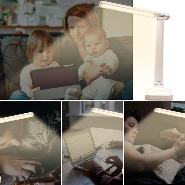 LED Desk Night Light Reading Desk Lamp Touch Adjustable 3 Modes Wireless USB Cable White