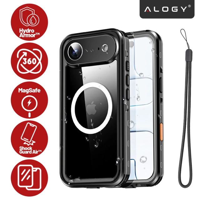 Puzdro Alogy HydroArmor™ IP68 pre Apple iPhone 17 Air 6,6", 360° pancierové puzdro s priehľadnou zadnou stranou, kompatibilné s MagSafe, čierne