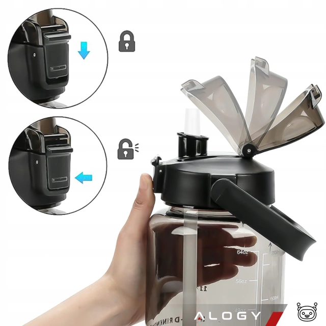Veľká fľaša, fľaša na pitie Alogy MotivHydro Motivačná odmerka 2l 2000ml Čierna