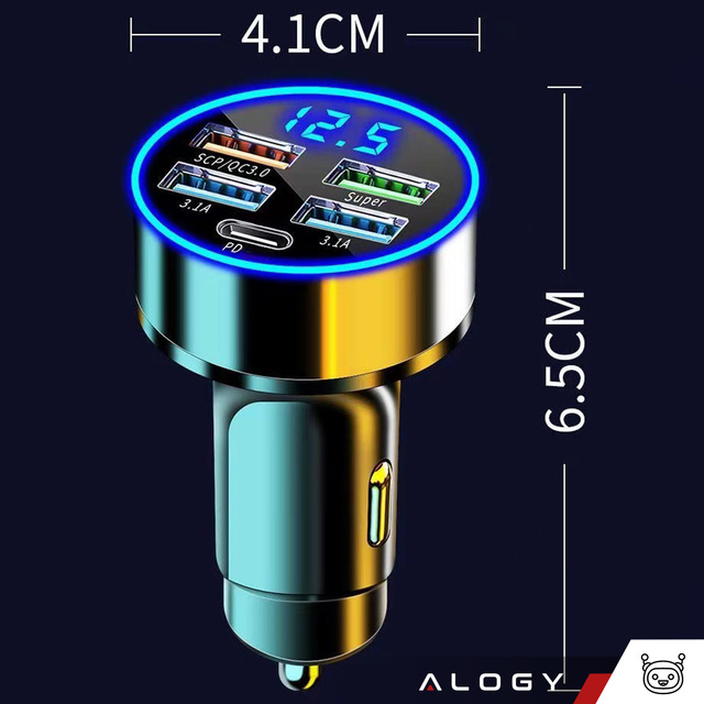 Автомобільний зарядний пристрій 4x USB QC 3.0 USB C PD 20W LED швидкий потужний 250W для Alogy Car phone black