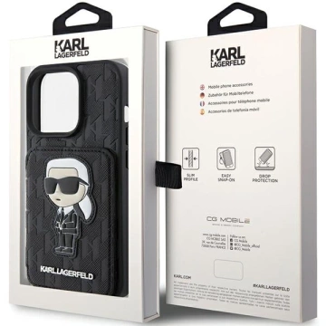 Etui Karl Lagerfeld KLHCP15LSAKKNSCK pre iPhone 15 Pro 6,1" čierne/čierne pevné puzdro Saffiano Sloty na karty a stojan Monogram Ikonik Patch