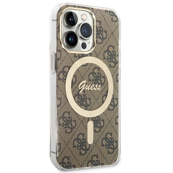 Zestaw Guess GUBPP13LH4EACSW Nabíjačka puzdra iPhone 13 Pro brązowy/hnedé pevné puzdro 4G MagSafe Print