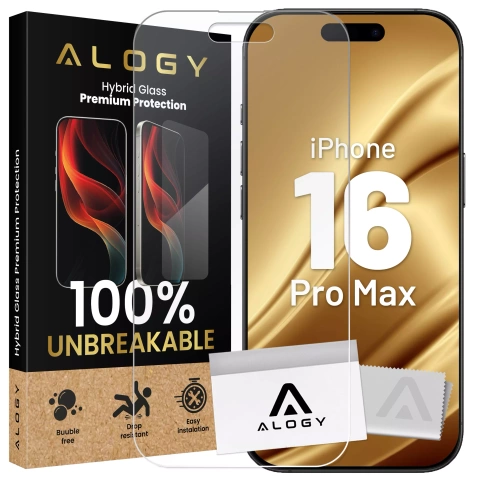 Ochranné sklo Alogy Flexi Full Glass 9H pre Apple iPhone 16 Pro Max hybrid, ploché, s ochranou proti rozbitiu aj pri náraze.