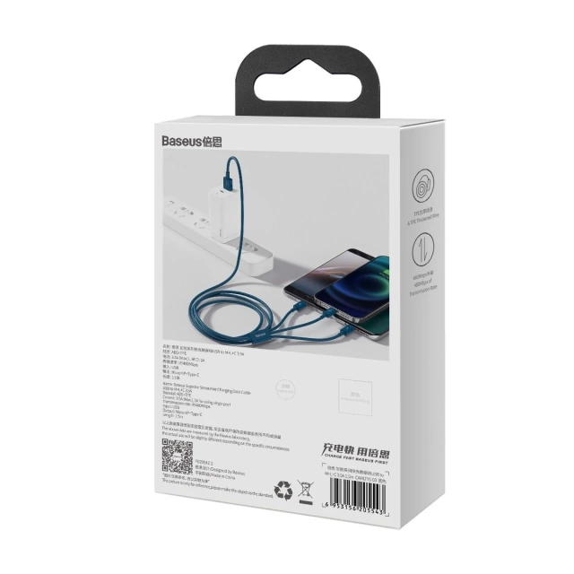 Kábel USB 3w1 Baseus Superior Series, USB do micro USB / USB-C / Lightning, 3,5 A, 1,2 m (niebieski)