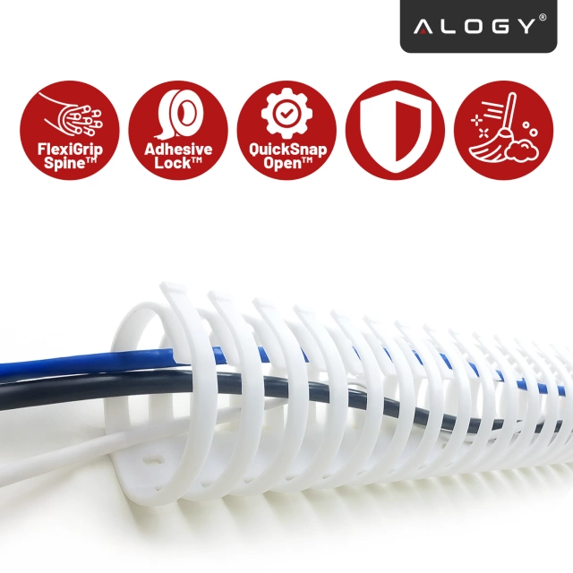 Pružinový organizér kabelů pod stůl - Flexibilní kryt pro správu kabelů 50x4 cm, samolepicí, pro organizaci kabelů - Alogy CableStrip™ bílý