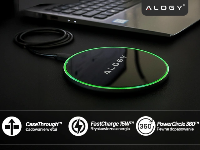 QI bezdrôtová indukčná nabíjačka 15W rýchla LED Alogy okrúhla pre iPhone USB-C kábel Čierny