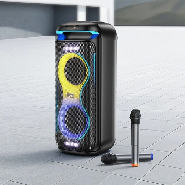 HOCO HA13 Pro zestaw karaoke 60 W, RGB LED, 2× mikrofony TWS, BT 5.4