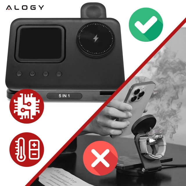 BEZDRÔTOVÁ RÝCHLONABÍJACIA STANICA 5 v 1 LED HODINY 15W USB-C do MagSafe pre Apple iPhone, hodinky AirPods s hodinami a vlhkomerom Čierna