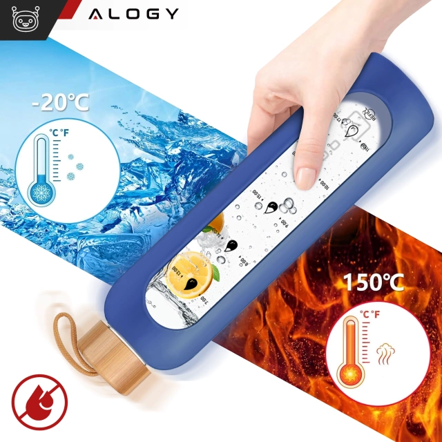 Veľká sklenená fľaša, fľaša na pitie Alogy Motivačná odmerka 1l 1000ml, silikónové puzdro Modré