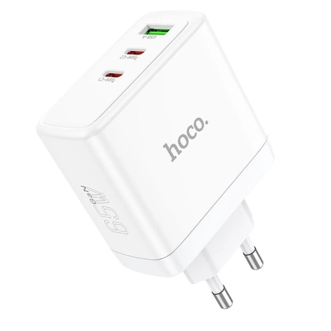 HOCO 2 x Type C USB A QC PD 65W GaN настінний зарядний пристрій Білий