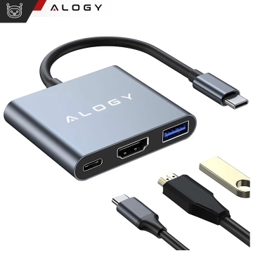 HUB 3in1 Adapter USB-C auf HDMI USB-A USB-C 4K 60Hz Alogy grau