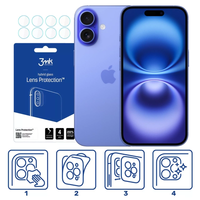 Гібридне скло камери для Apple iPhone 16 Lens Protector 3mk Lens Protection Set 4 шт.