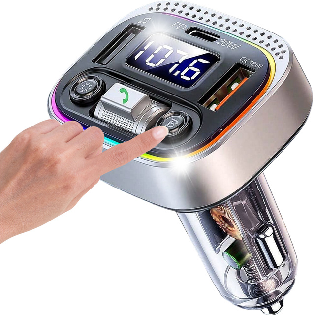 Transmiter samochodowy Bluetooth FM MP3 Szybka Ładowarka 2 x USB QC 3.0 + USB-C C PD 20W LED RGB Alogy Car srebrny