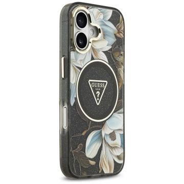 Etui Guess MagSafe do iPhone 17 IML Glitter Flowers Triangle Black
