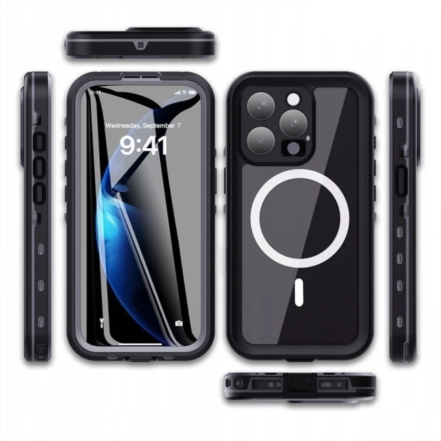 Pouzdro pro iPhone 15 vodotěsné Mag Safe Case pancéřované vodotěsné pouzdro černé a šedé