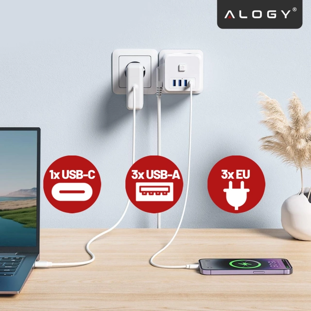 Síťový splitter splitter Adaptér nabíječky zloděj 3 zásuvky EU 3x USB USB-C C 7v1 Alogy Bílá